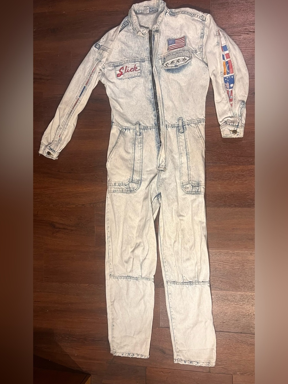 Vintage Slick Denim Acid-wash Flight suit jumpsuit Size 30 American Flag Rare